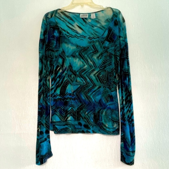 Chico Blue Abstract Geometric Long Sleeve Semi Sheer Stretch Top Black 1 M - Picture 1 of 5